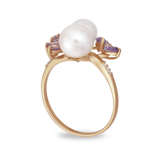 Золотое кольцо 585, женское, с жемчугом и аметистом, размер 18.5