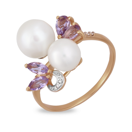 Золотое кольцо 585, женское, с жемчугом и аметистом, размер 18.5