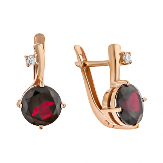 Золотые серьги 585, женские, с фианитом и гранатом