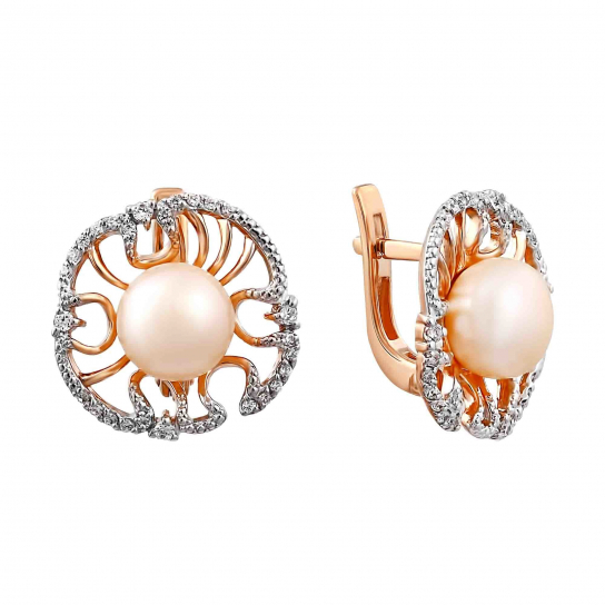 Золотые серьги 585, женские, с жемчугом и фианитом