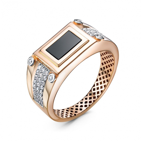 Кольцо-печатка с фианитом и ониксом из золота