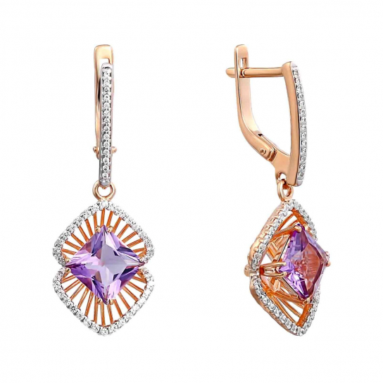 Золотые серьги 585, женские, с фианитом и аметистом