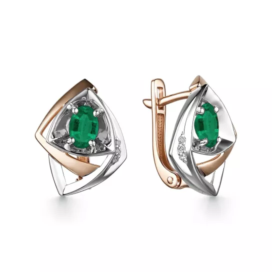 Золотые серьги 585, женские, с бриллиантом и изумрудом