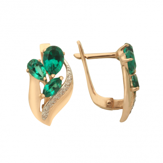 Золотые серьги 585, женские, с изумрудом и фианитом