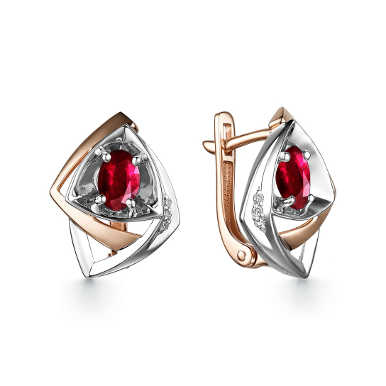 Золотые серьги 585, женские, с бриллиантом и рубином