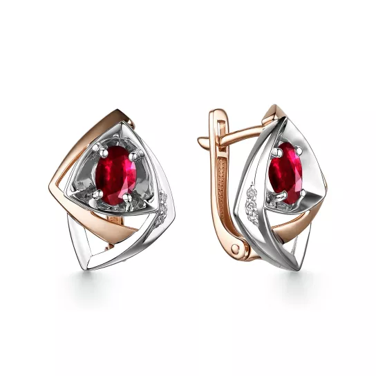 Золотые серьги 585, женские, с бриллиантом и рубином