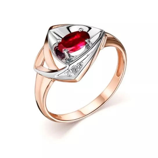 Золотое кольцо 585, женское, с бриллиантом и рубином, размер 19