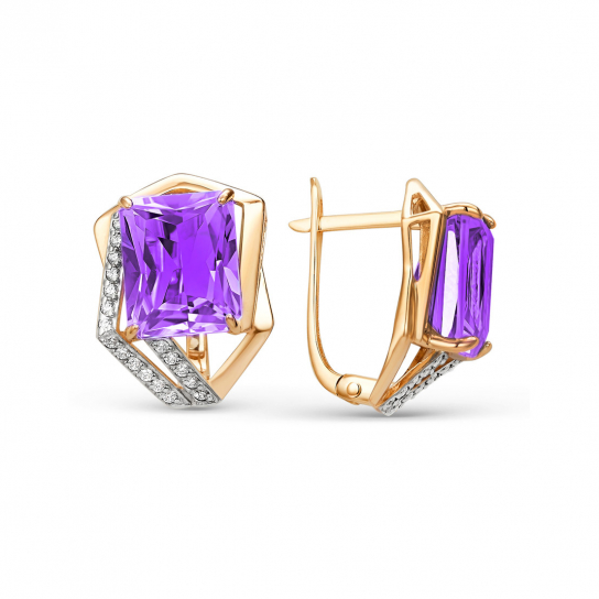 Золотые серьги 585, женские, с аметистом и фианитом