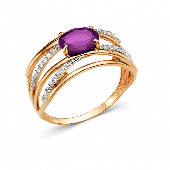 Золотое кольцо 585, женское, с фианитом и аметистом, размер 18.5