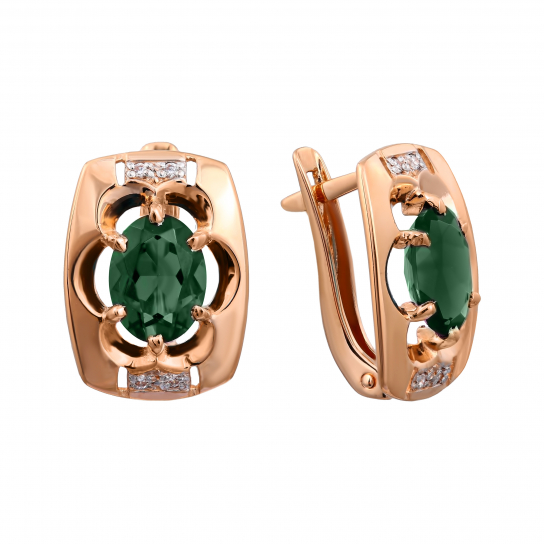 Золотые серьги 585, женские, с изумрудом и фианитом