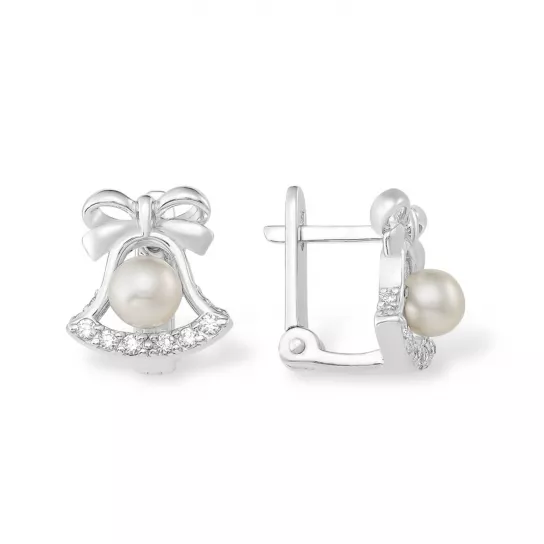 Серебряные серьги 925, детские, с фианитом и жемчугом