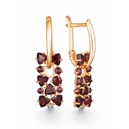 Золотые серьги 585, женские, с фианитом и гранатом