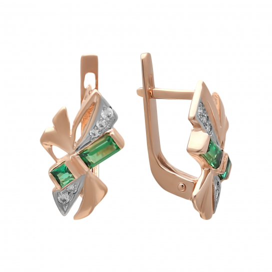 Золотые серьги 585, женские, с фианитом и изумрудом