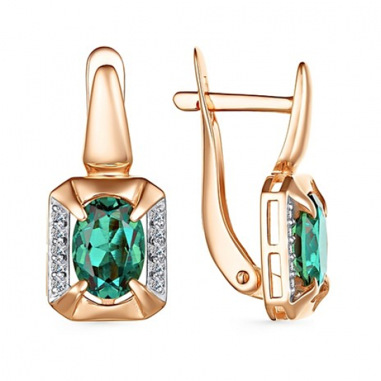 Золотые серьги 585, женские, с фианитом и изумрудом