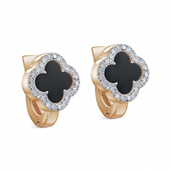 Золотые серьги 585, женские, с бриллиантом и ониксом