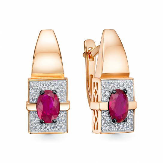 Золотые серьги 585, женские, с бриллиантом и рубином