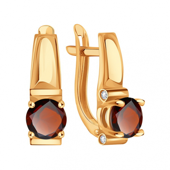 Золотые серьги 585, женские, с гранатом и фианитом