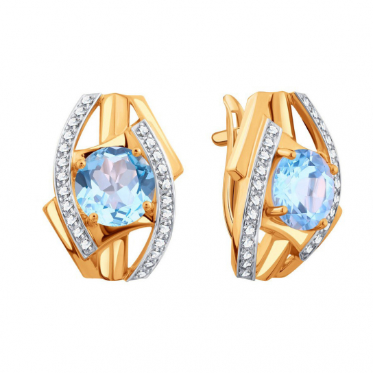 Золотые серьги 585, женские, с топазом и фианитом