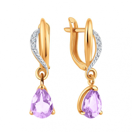Золотые серьги 585, женские, с аметистом и фианитом