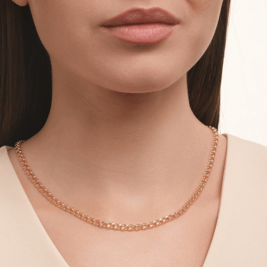 Золотая цепочка 585 на шею, плетение бисмарк пустотелый, длина 70 см, цвет красное золото