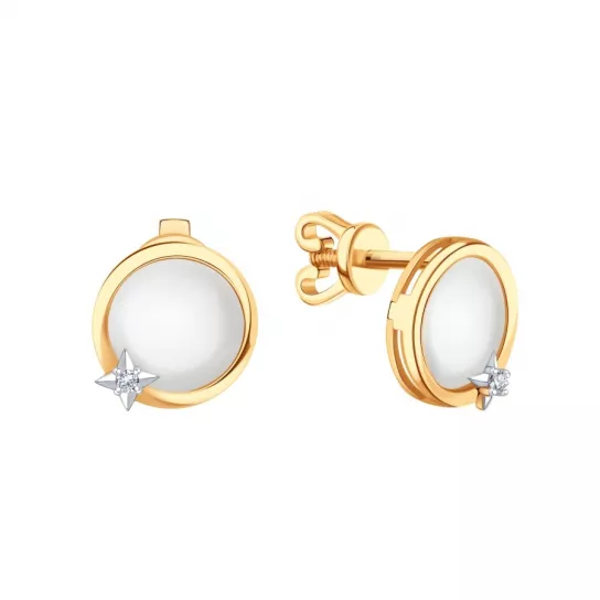 Пусеты с фианитом и перламутром из золота