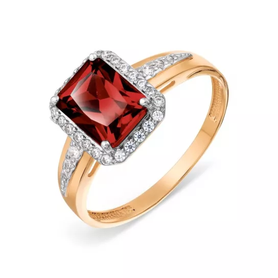 Золотое кольцо 585, женское, с фианитом и гранатом, размер 17.5