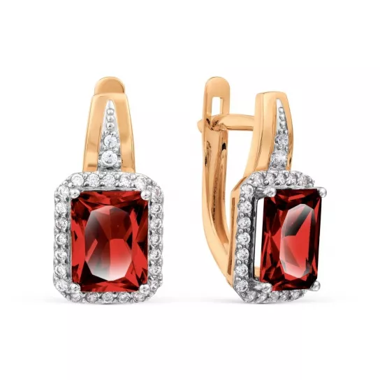Золотые серьги 585, женские, с фианитом и гранатом