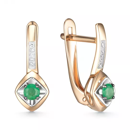 Золотые серьги 585, женские, с бриллиантом и изумрудом
