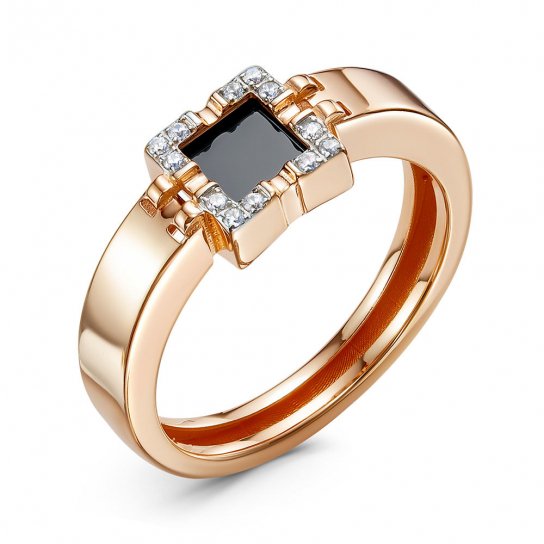 Золотое кольцо 585, женское, с фианитом и ониксом, размер 16.5