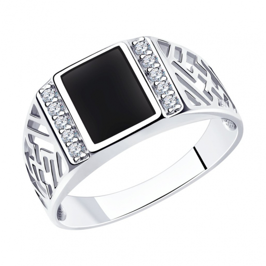 Кольцо-печатка с фианитом и эмалью из серебра