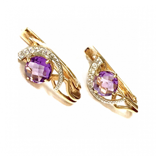 Золотые серьги 585, женские, с аметистом и фианитом