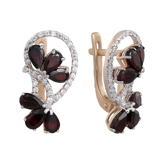 Золотые серьги 585, женские, с гранатом и фианитом