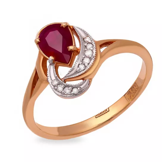 Золотое кольцо 585, женское, с бриллиантом и рубином, размер 17.5