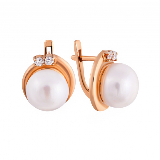 Золотые серьги 585, женские, с жемчугом и фианитом
