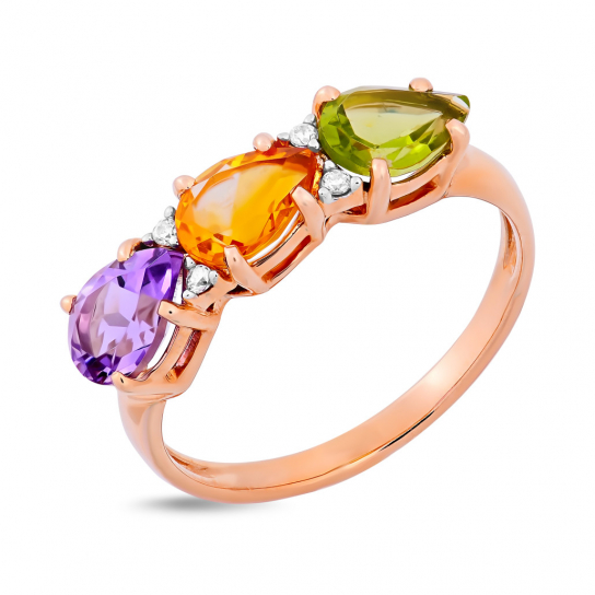 Золотое кольцо 585, женское, с аметистом и цитрином, размер 18