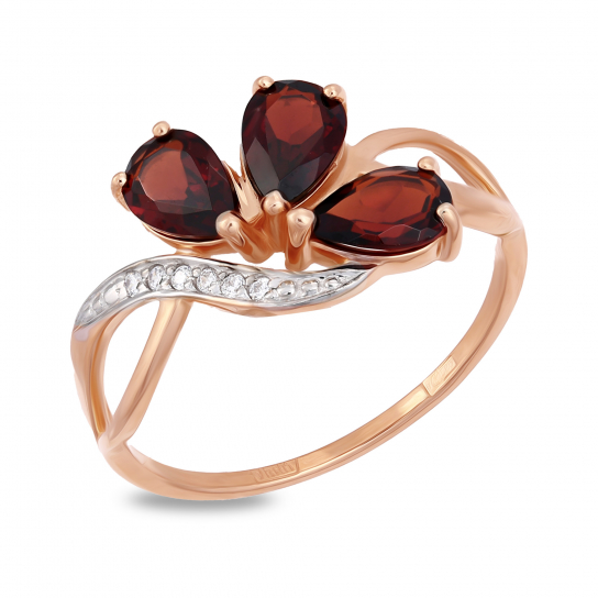 Золотое кольцо 585, женское, с гранатом и фианитом, размер 17